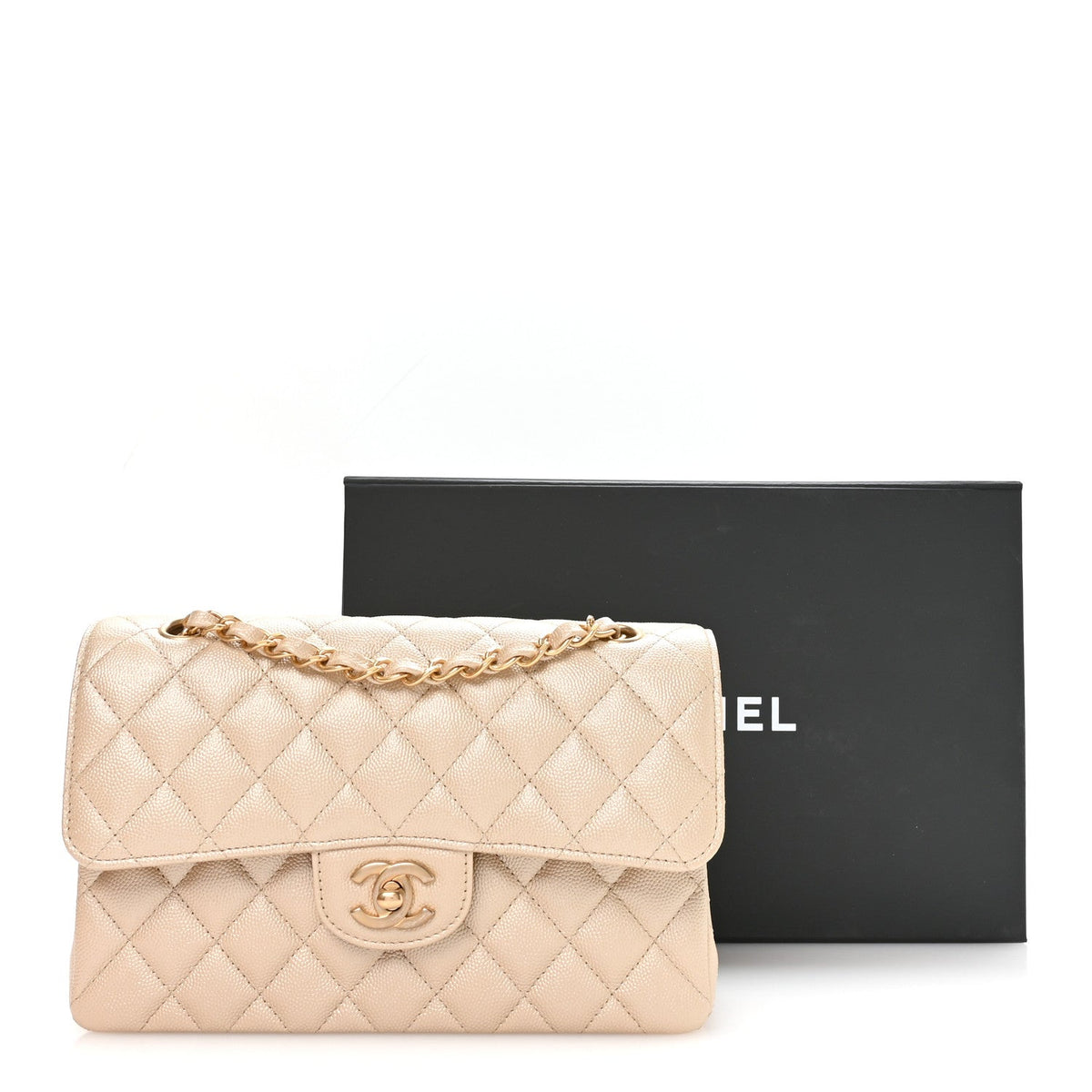 Metallic Caviar Quilted Small Double Flap Beige