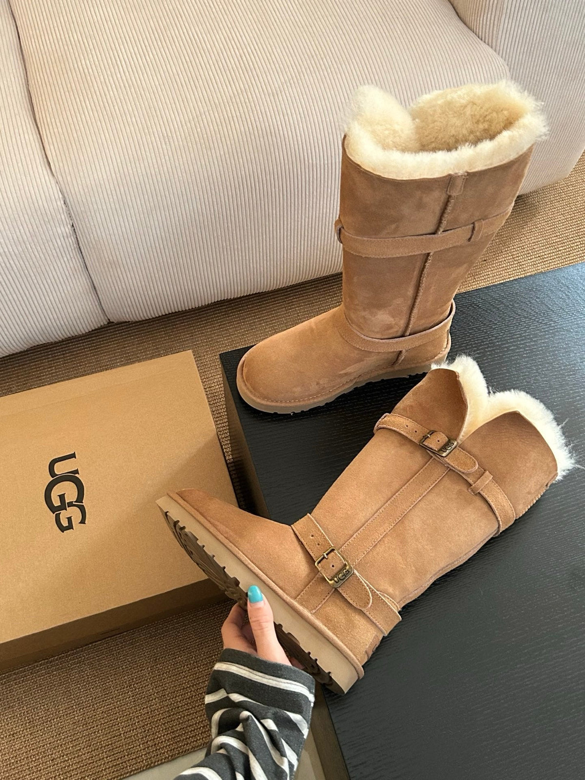 UGG Platform Foldable Tall Boots Brown Suede Shearing