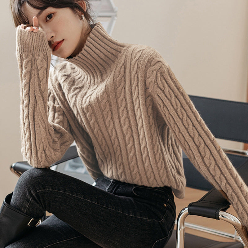 Casual Long Sleeves Loose Solid Color High-Neck Sweater Tops