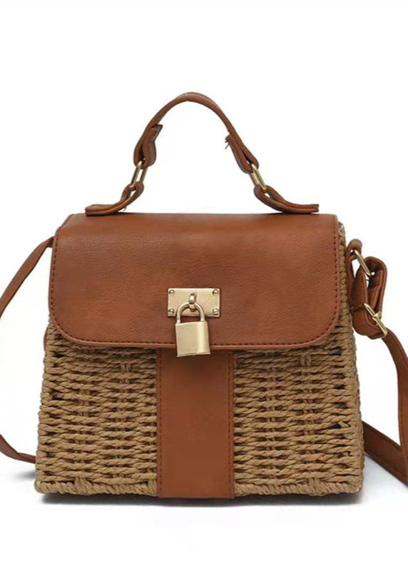 Woven Rattan Crossbody Bag with Faux Leather Trim