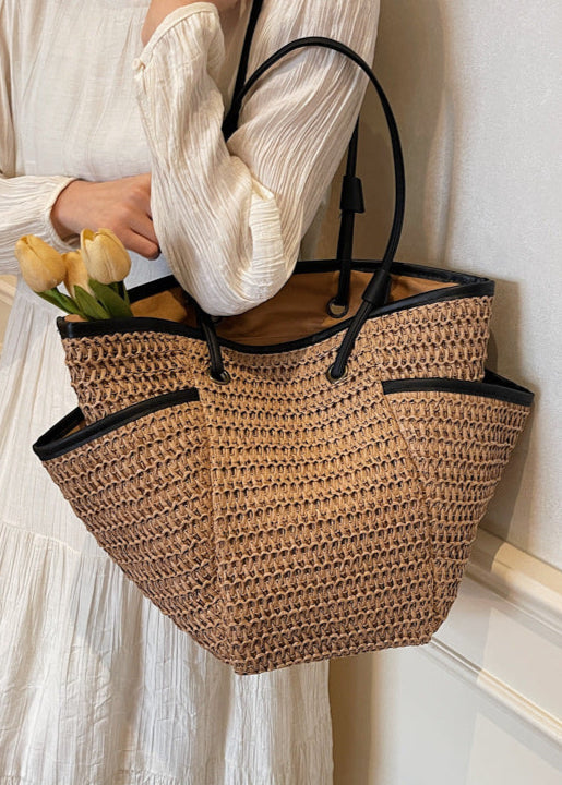 Woven Straw Tote Bag with Contrast Trim