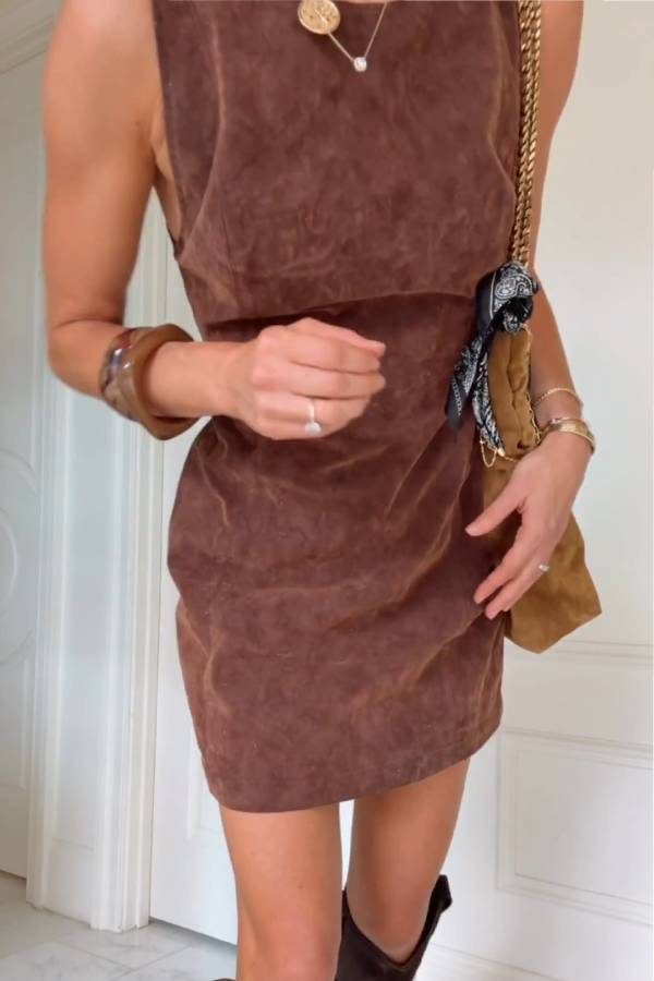 Retro Brown Sleeveless Suede Dress