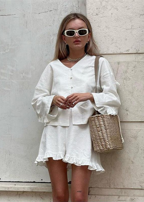 Two Piece Cotton Linen Set With Ruffle Trim