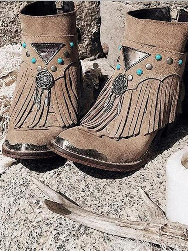 Women Ankle Boots Chunky Low Heels Ladies Vintage Pu Leather Gladiator Tassels Shoes