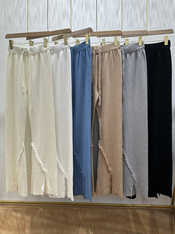 High Waisted Wide Leg Drawstring Fringed Solid Color Split-Front Bell-Bottoms