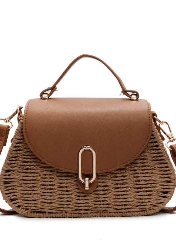 Curved Rattan Shoulder Bag with Faux Leather Flap