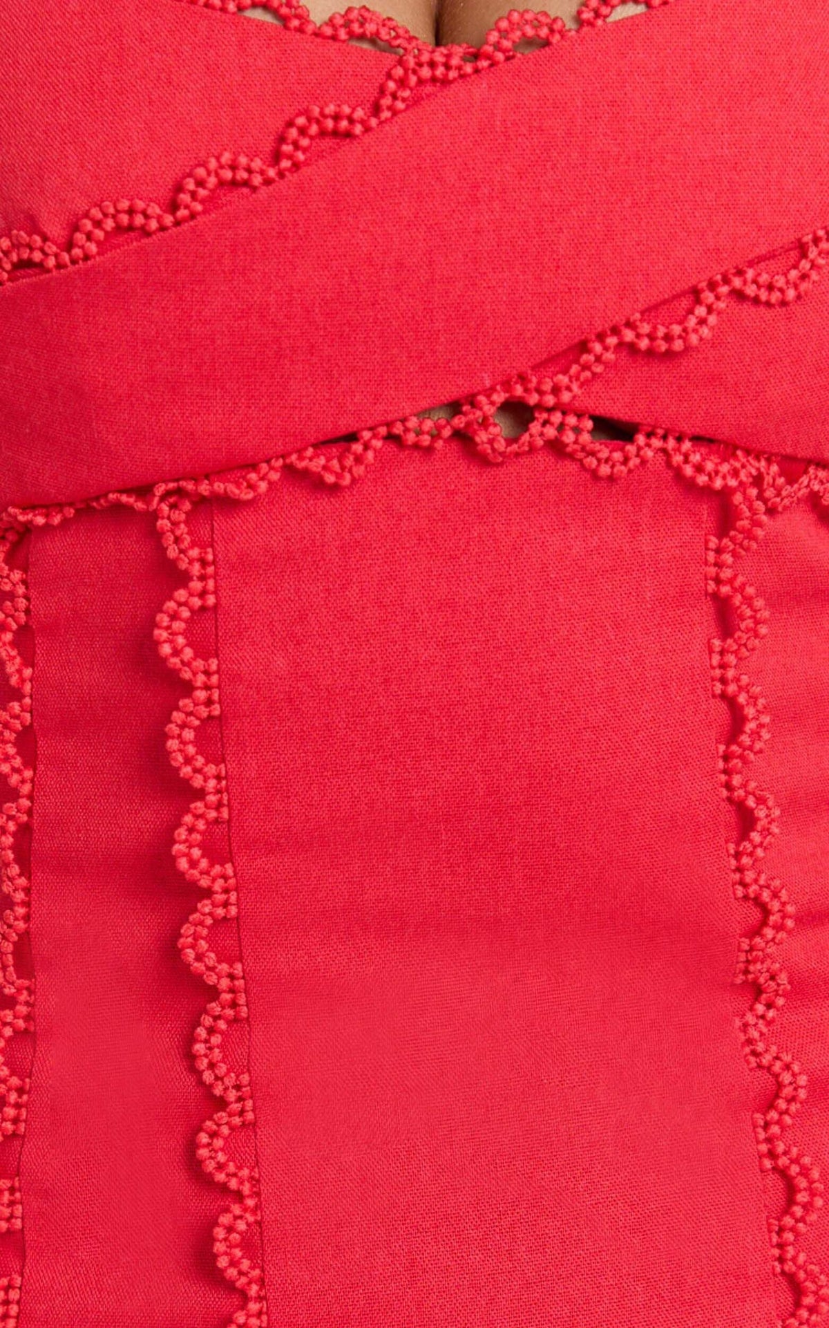 Gigi Mini Linen Dress - Sweetheart Tie Back Scallop Detail Dress in Red