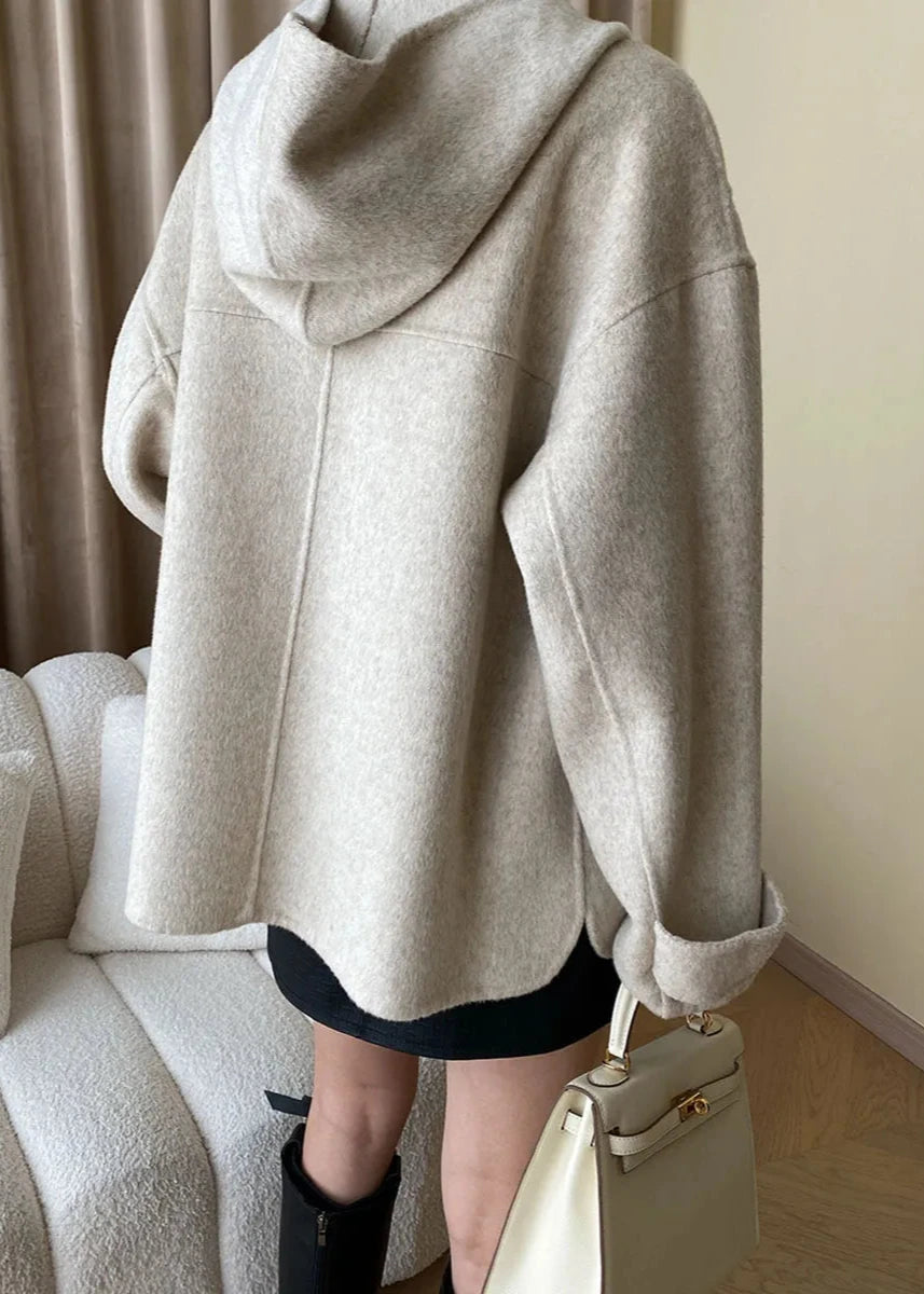Wool Blend Hooded Cape Coat With Pockets