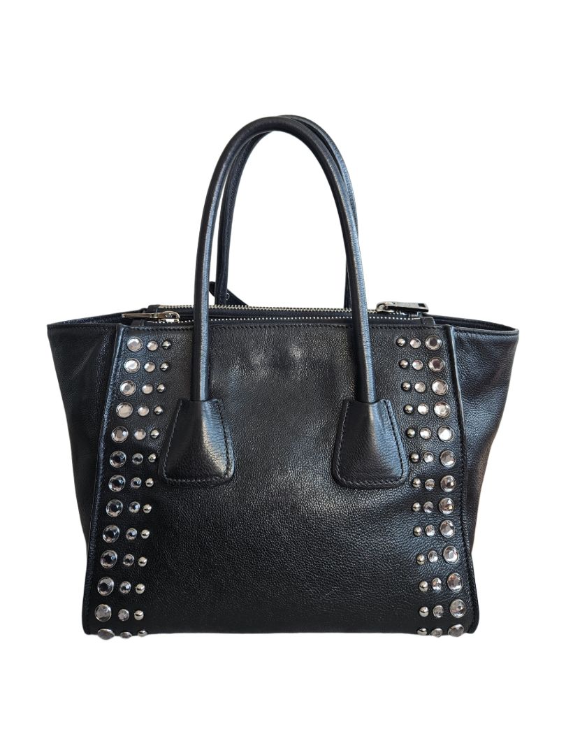 Prada Black Leather Crystal Embellished Double Zip Bag
