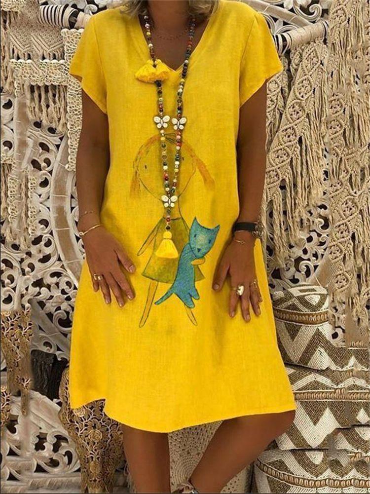 Fashion Printed Short Sleeve V-Neck Bottoming Dress