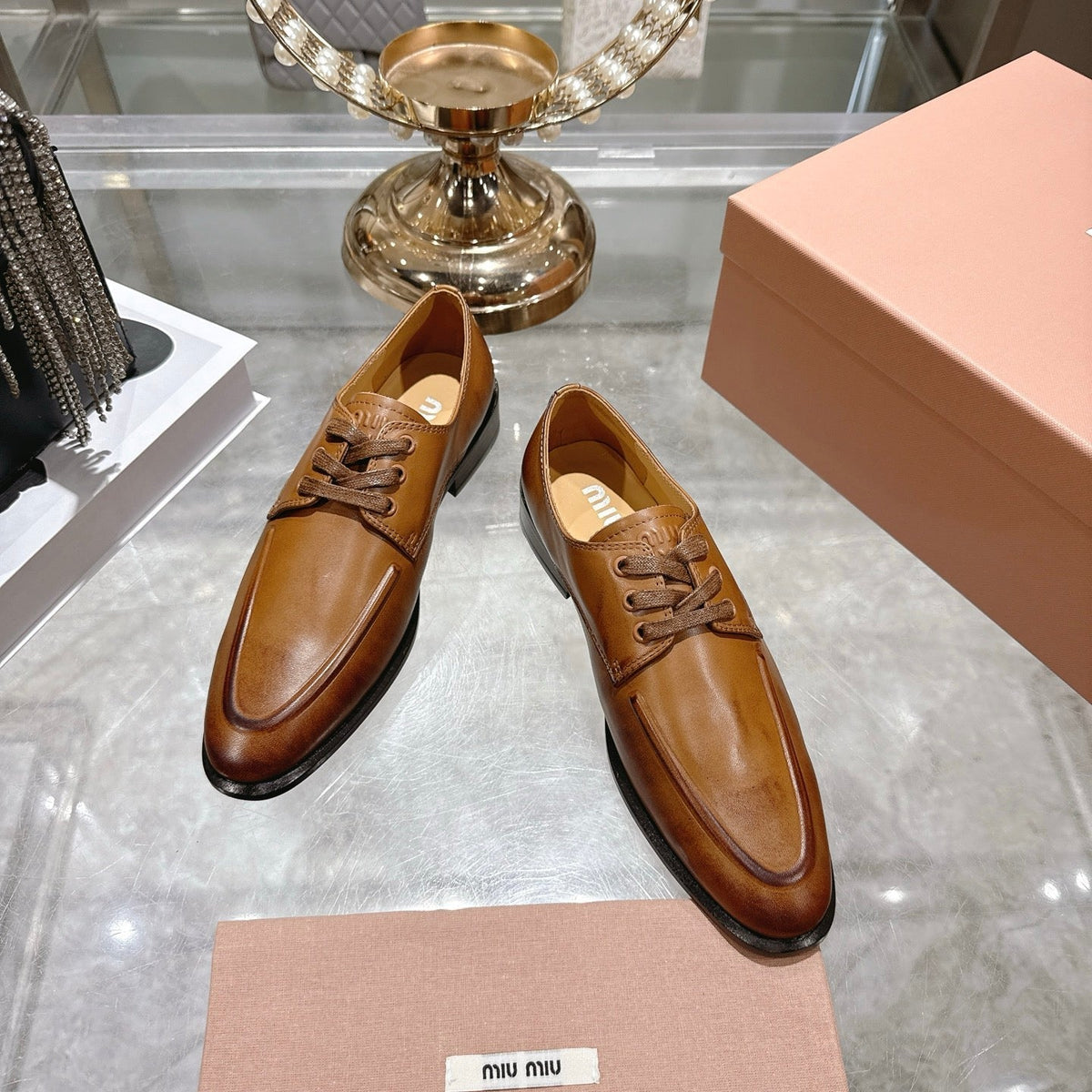 Miu Distressed Loafers Camel Brown Cowhide 592057