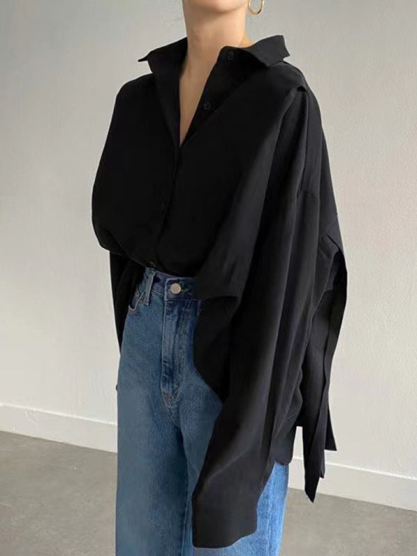 Loose Wrap Buttoned Pleated Solid Color Lapel Blouses&Shirts Tops