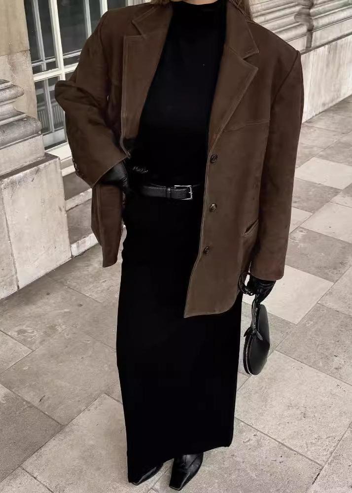 Turn Down Collar Coat Premium Brown Fabric