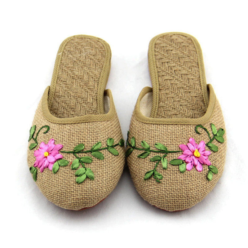 New Handmade Ribbon Embroidered Cloth Shoes Spring, Summer And Autumn Straw Mat Slippers Beef Tendon Bottom Flat-Heeled Indoor Slippers
