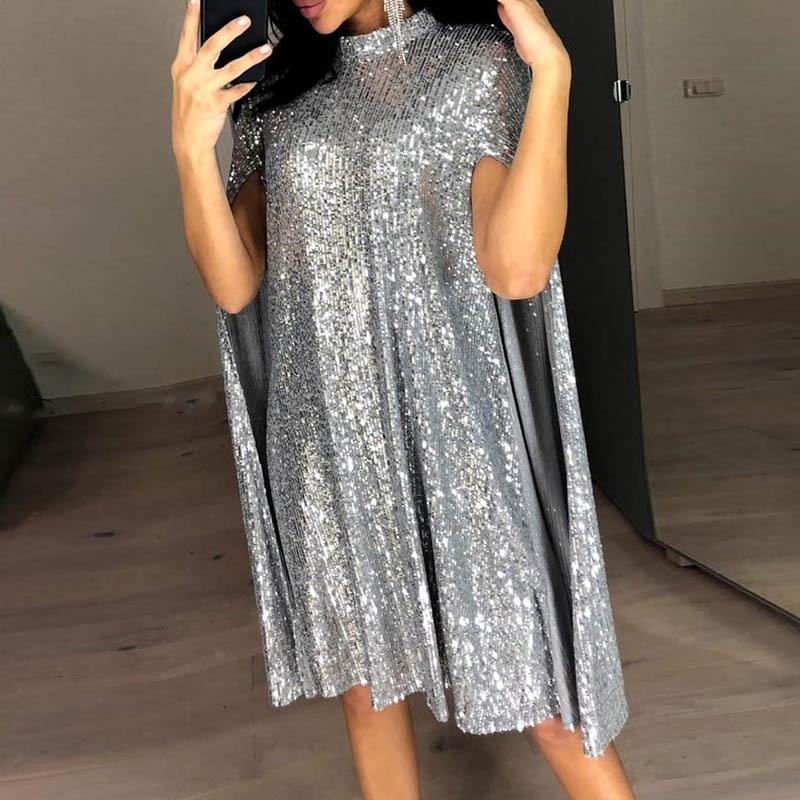 Stand Collar Sequined Dress Is Loose.