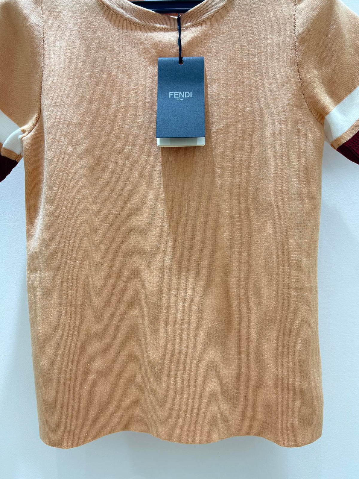 Fendi 25 Round Neck Knit Short-Sleeved Shirt Brown Tencel