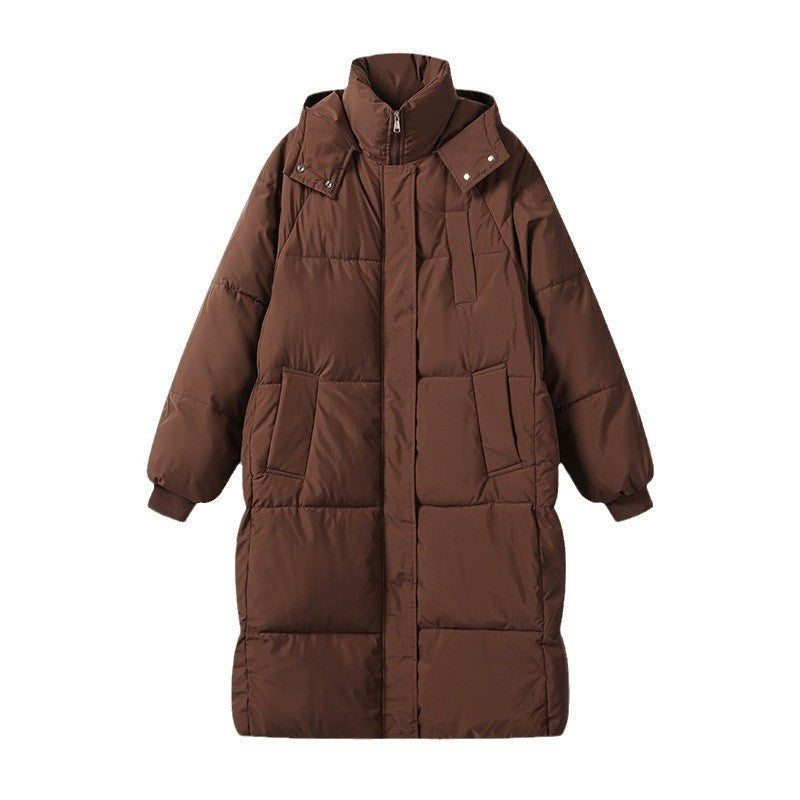 Solid Color Hooded Thickened Down Cotton Long Loose Coat