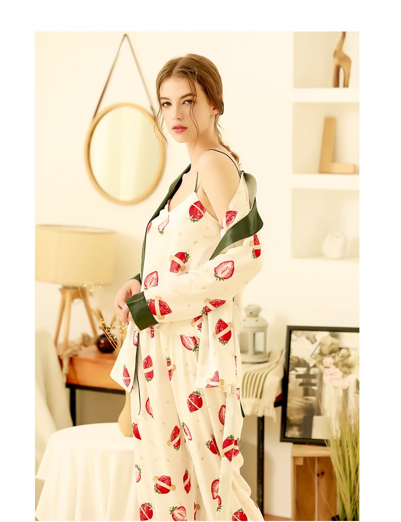 Three-Piece Set Spring And Autumn Ice Silk Pajama Set Women'S Printed Cute Strawberry Long Sleeve Cardigan Silk Strap Home Service Thin