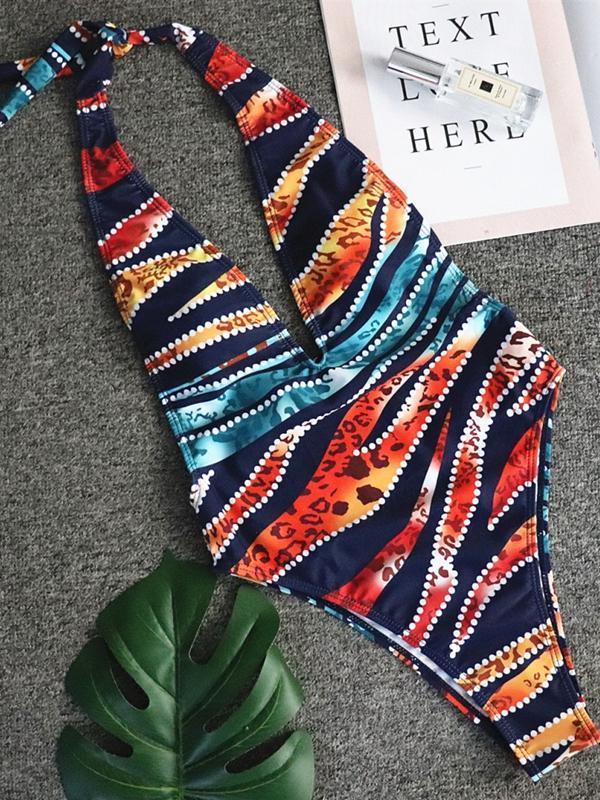 Sexy Leopard Print Bikini One-Piece Swimsuit Deep V Strap Female