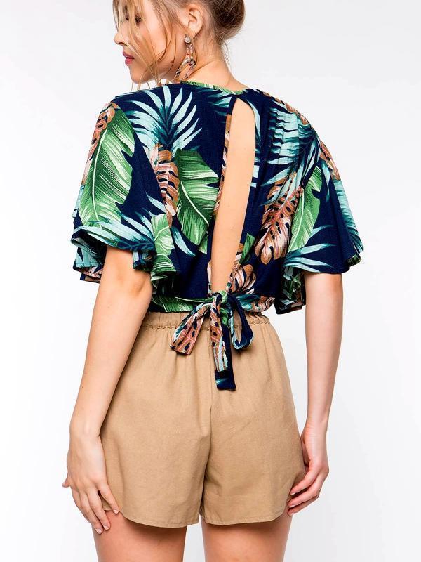 Short-Sleeved Bamboo Leaf Print Waist Tie Short Shirt Top