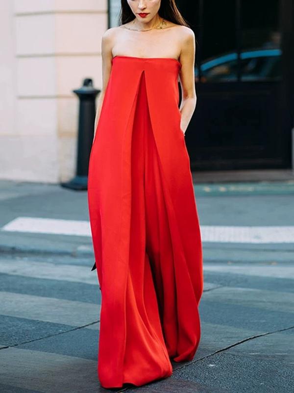 One-Word Flat Shoulder Red Big Loose Jumpsuit