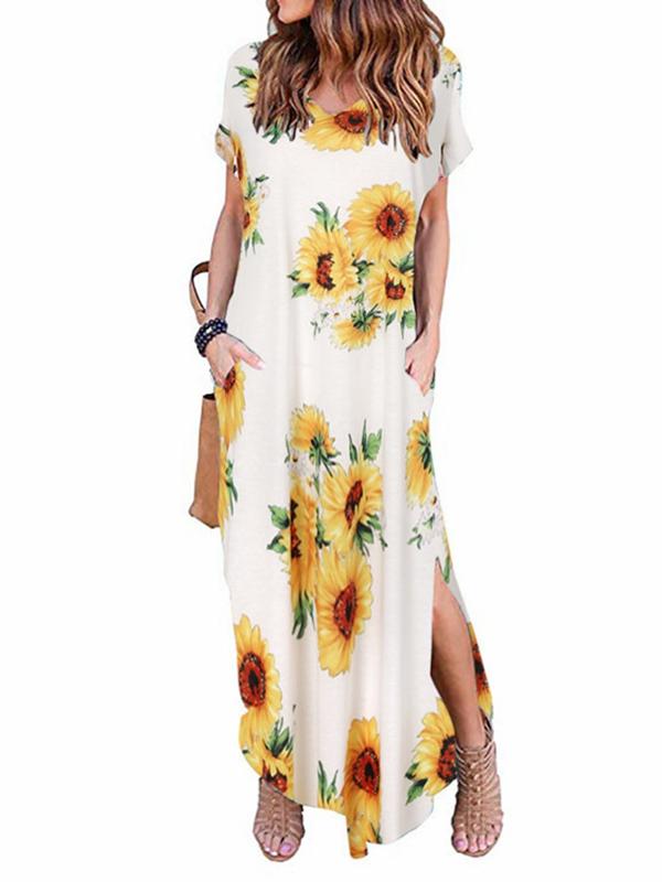 Printed Short Sleeve Pullover V-Neck Knit Casual Long Dress-2