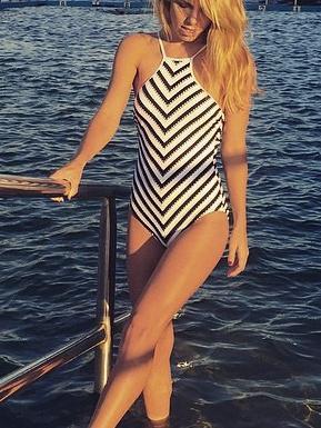 Sexy Black And White Striped One-Piece Swimsuit
