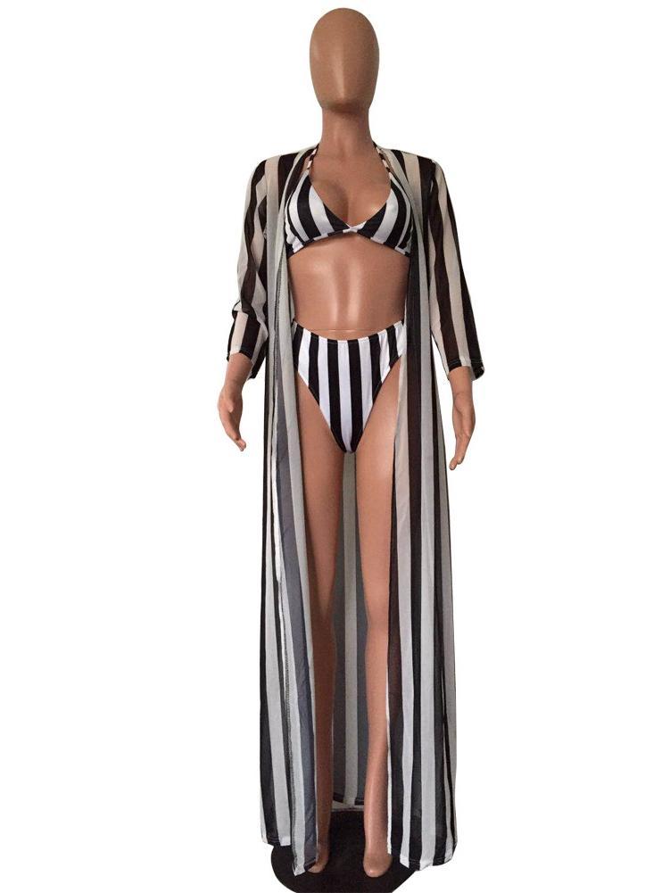 Sexy Black And White Striped Split Swimsuit Bikini Chiffon Cloak Three Piece Suit