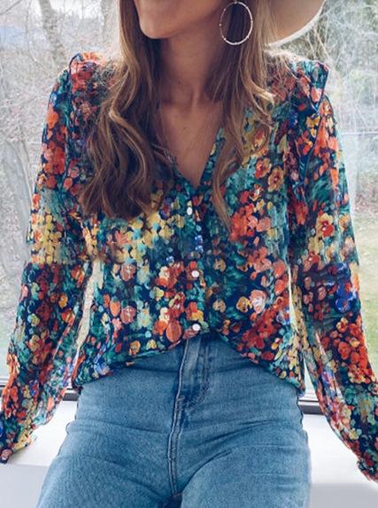 New Women'S Fashion Long-Sleeved Floral Top Loose Shirt