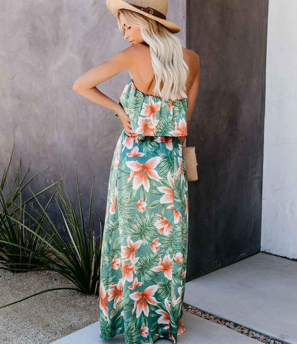 Printed One-Shoulder Ruffled Split Dress