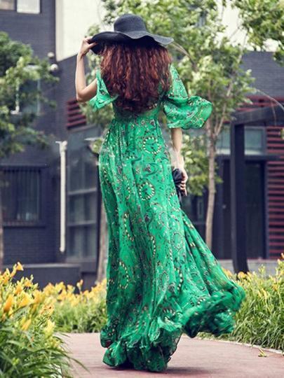 Bohemia Chiffon Green Flared Sleeves V-Neck Maxi Dress
