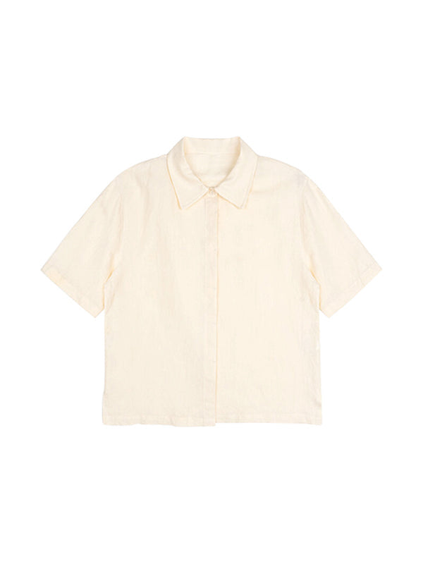 Loose Short Sleeves Buttoned Pleated Solid Color Split-Side Lapel Blouses&Shirts Tops