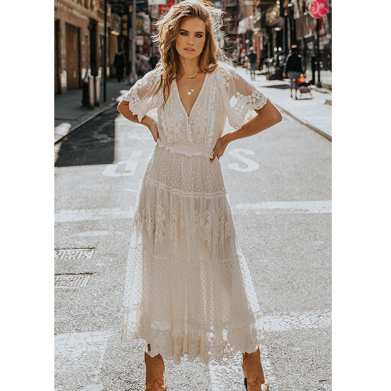 V-Neck Short Sleeve Lace Dress