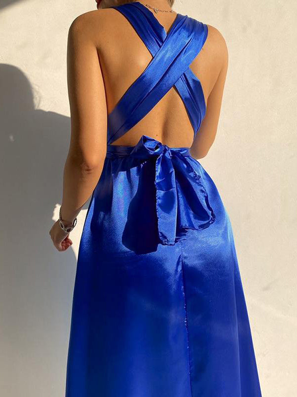 Solid Color Bandage Sleeveless Elegant Satin Midi Dresses