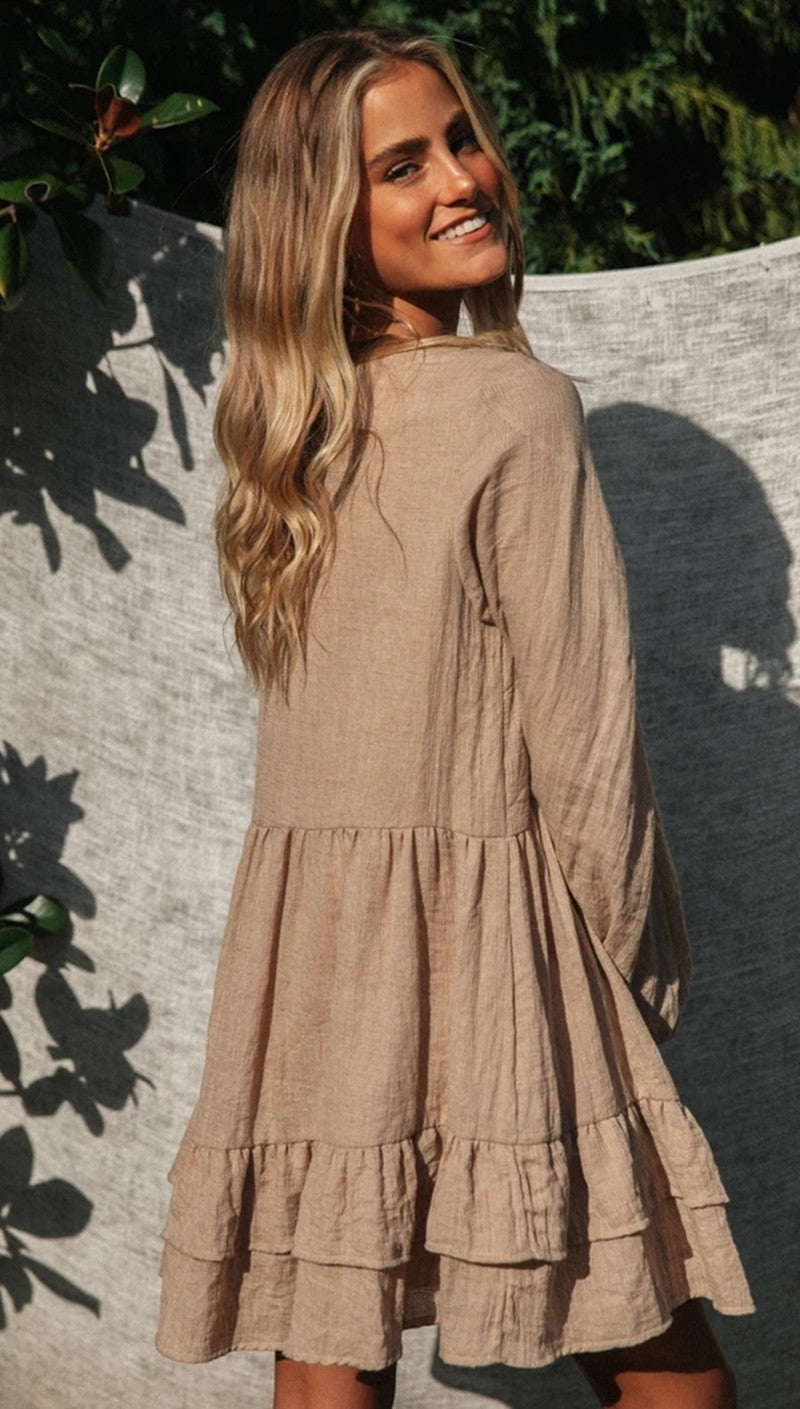 Stylish V-Neck Tie-Up Balloon Sleeve Dress