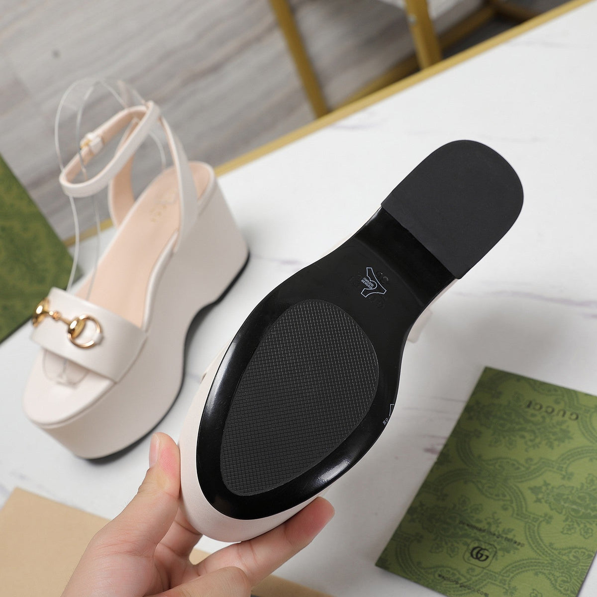 GG Horsebit Wedges Sandals White