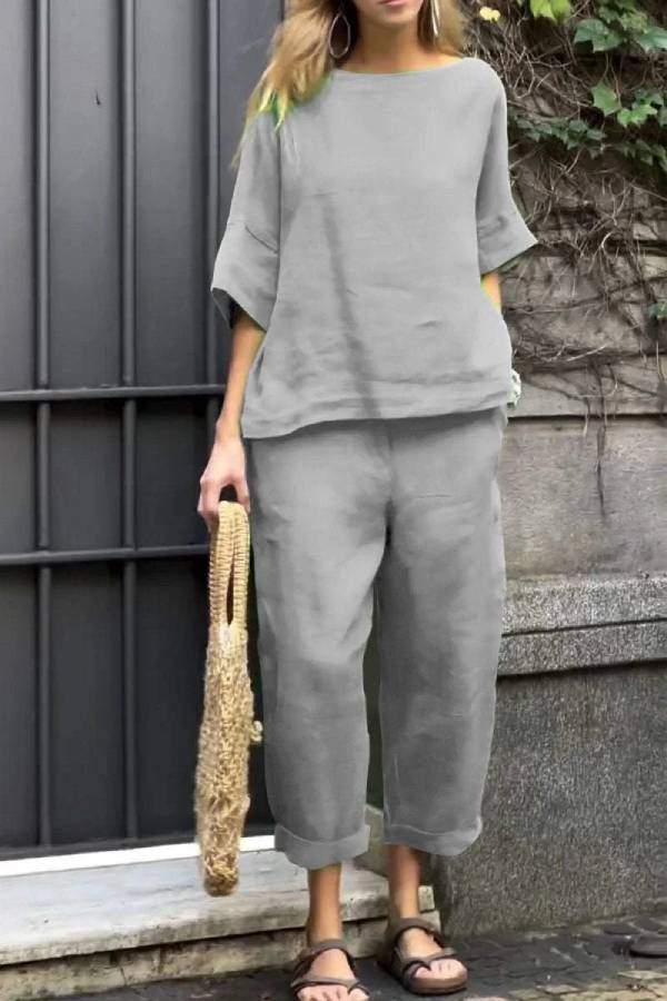 Casual Solid Color Crewneck Top \u0026 Pants Cotton Linen Two-piece Set