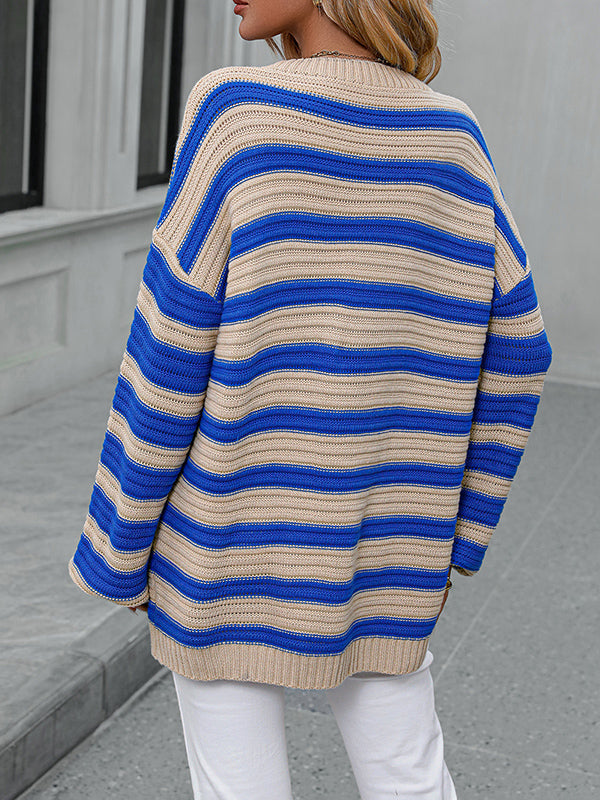 Long Sleeves Loose Striped Round-Neck Pullovers Sweater Tops