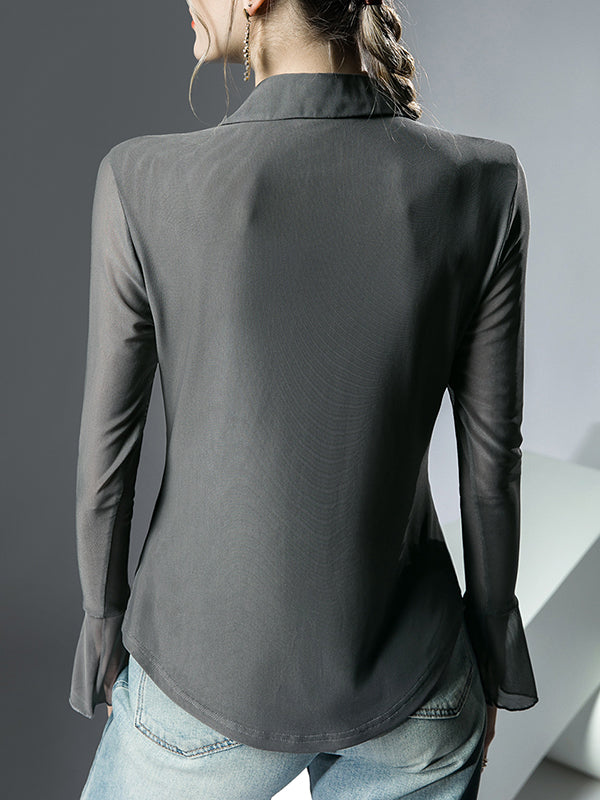 Long Sleeves Ruffle Sleeves Knot Solid Color Lapel Blouses&Shirts Tops