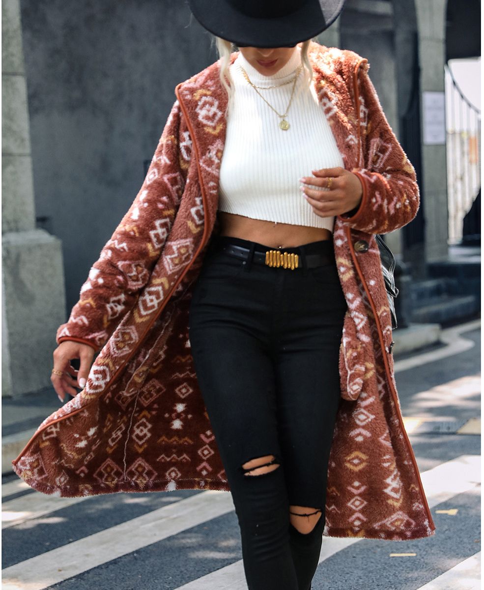 Women'S Hooded Long Sleeve Geometric Print Single Breasted Plush Regular Plush Jacket