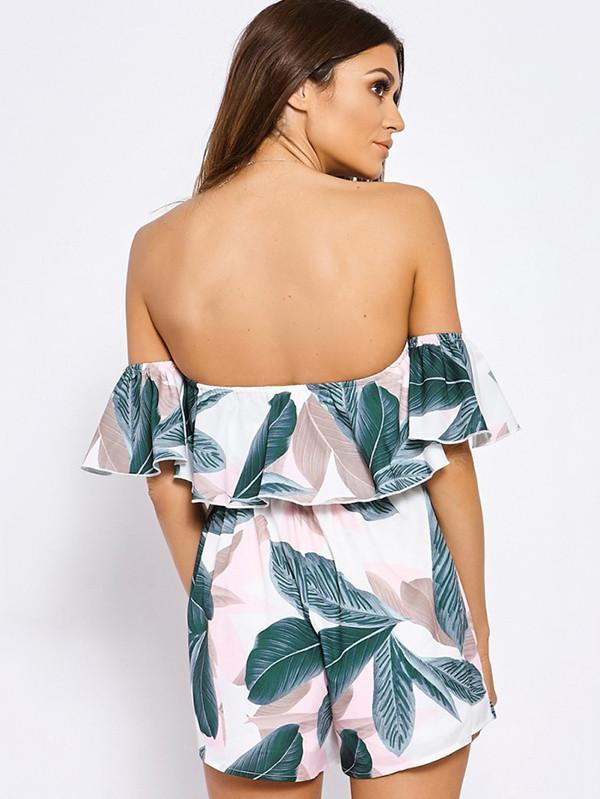 Leaves Printed Backless Off-The-Shoulder Long Jumpsuits