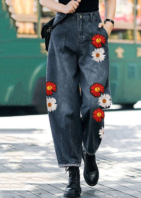 Style Navy High Waist Pockets Harem Casual Fall Denim Pants