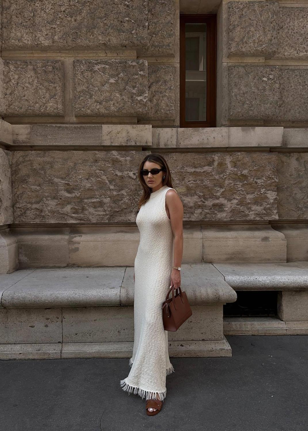 Sleeveless Knit Maxi Dress With Fringe Hem