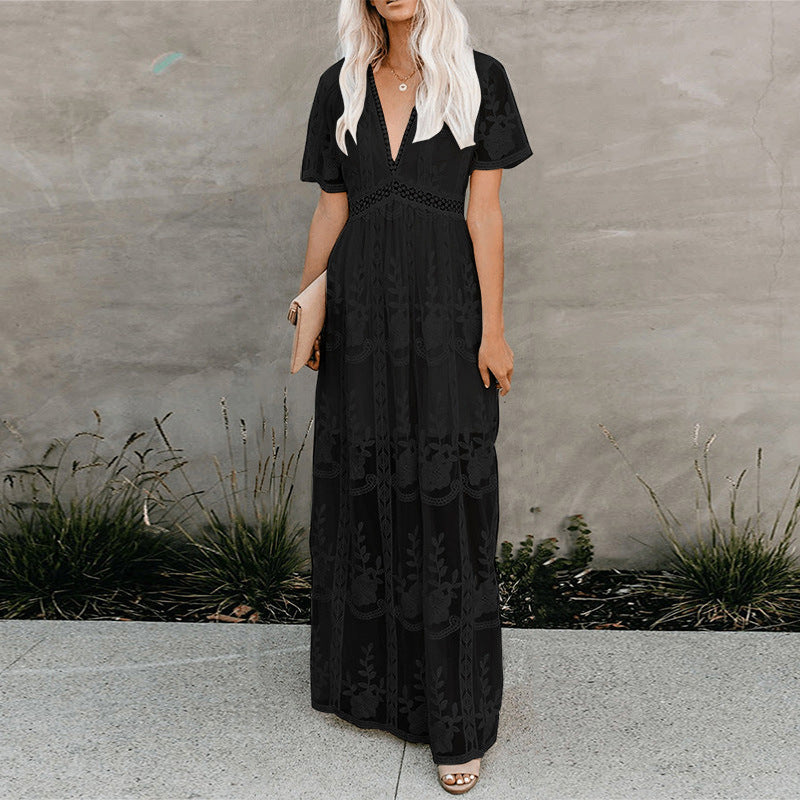 Lace Dress Sexy V-Neck Embroidered Solid Color Maxi Dress
