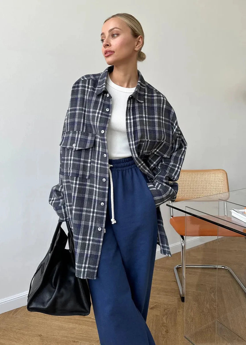 Oversized Cotton Blend Plaid Long Sleeve Shirt