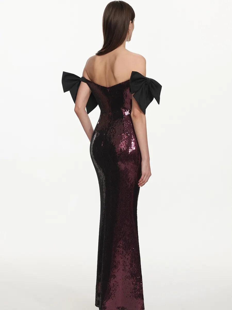 Gwyneth Glamorous Off Shoulder Bow Sequin Maxi Dress