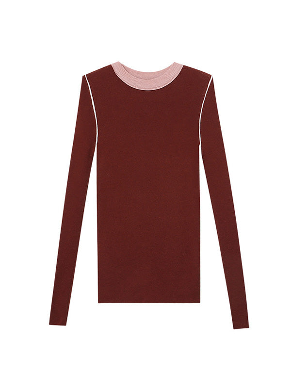 Long Sleeves Skinny Contrast Color Split-Joint Round-Neck Pullovers Sweater Tops