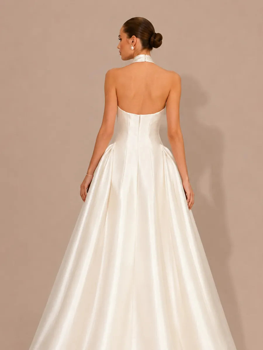Rhiannon Elegant Satin Halter-Neck Open-Back Maxi Dress
