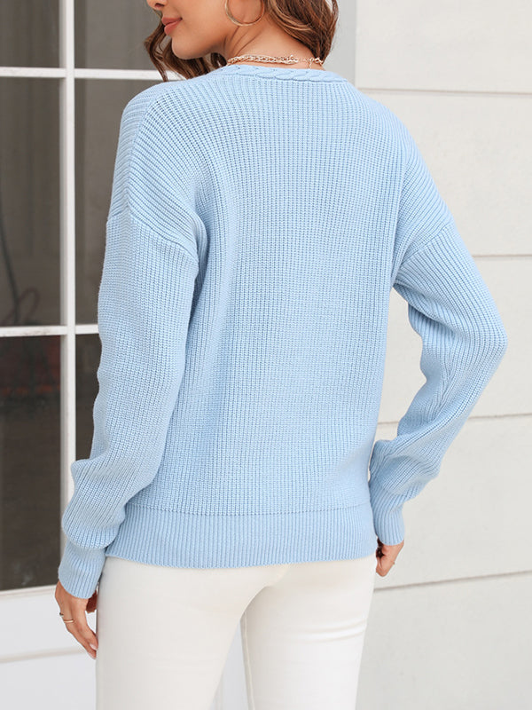 Long Sleeves Loose Solid Color V-Neck Knitwear Pullovers Sweater Tops