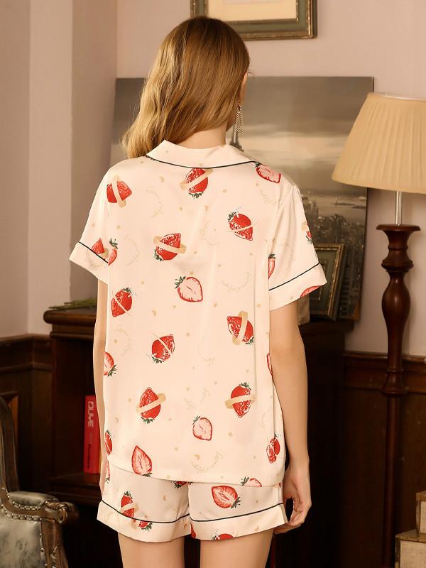 Strawberry Printed Short-Sleeved Ice Silk Pajamas Exploded In Summer Simulation Silk Shorts Ladies Sweet Home Service Two-Piece Suit